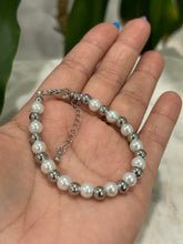 Load image into Gallery viewer, Silver Pearl Beaded Bracelet | Stainless Steel & Faux Pearl Adjustable Bracelet